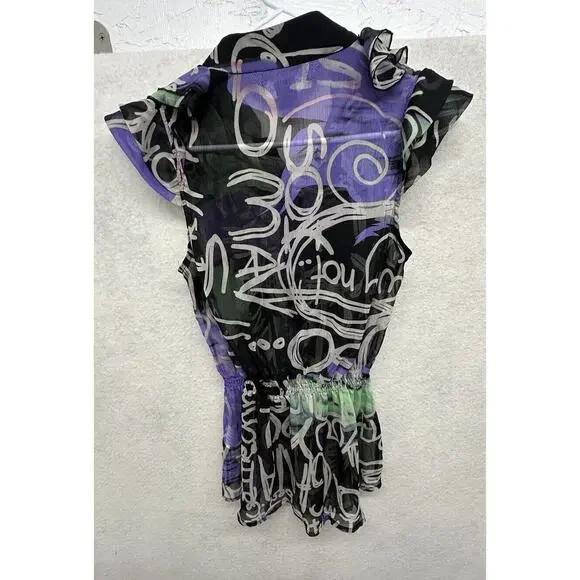 Desigual Top Womens Sz 36 Blouse Button Down Black Purple Graffiti Print Ruffles - Picture 5 of 8